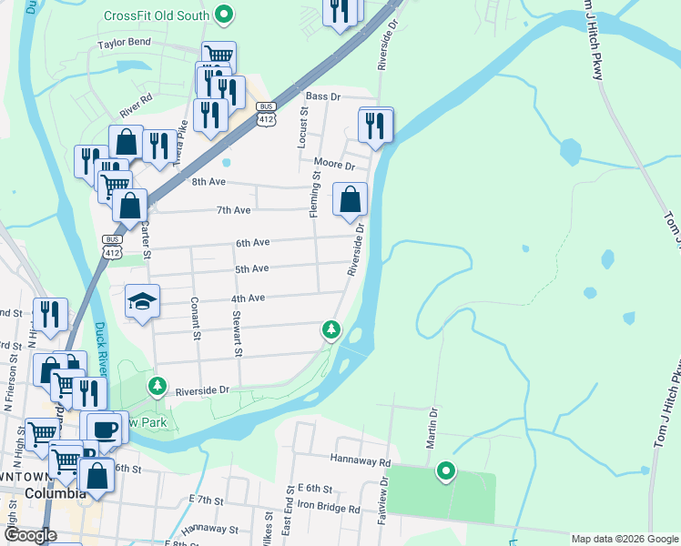 map of restaurants, bars, coffee shops, grocery stores, and more near 406 Fleming Street in Columbia