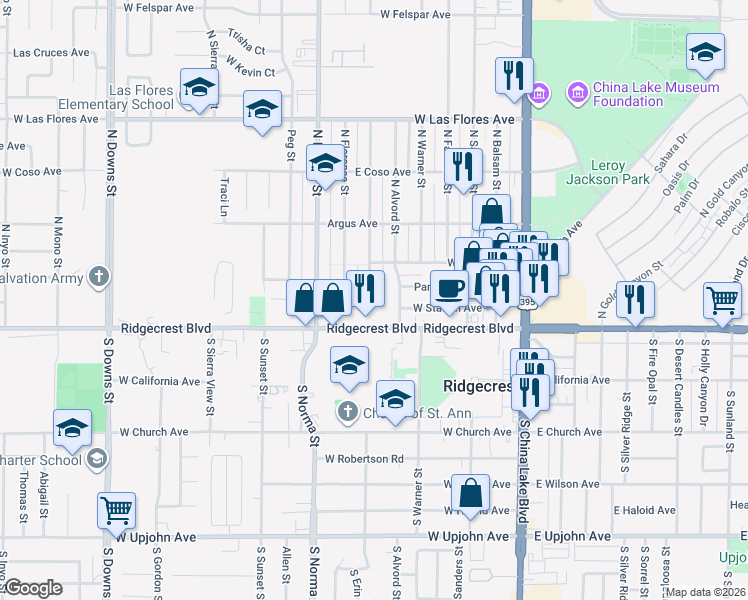 map of restaurants, bars, coffee shops, grocery stores, and more near 140 North Helena Street in Ridgecrest