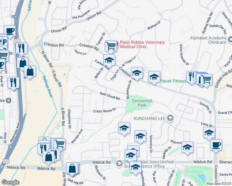 map of restaurants, bars, coffee shops, grocery stores, and more near 836 Bolen Drive in Paso Robles
