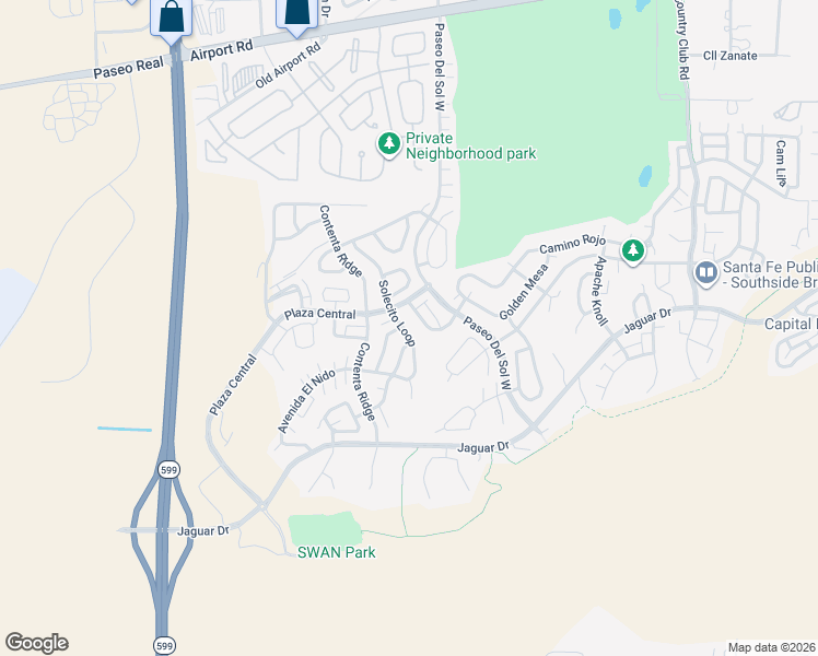 map of restaurants, bars, coffee shops, grocery stores, and more near 4619 Solecito Loop in Santa Fe