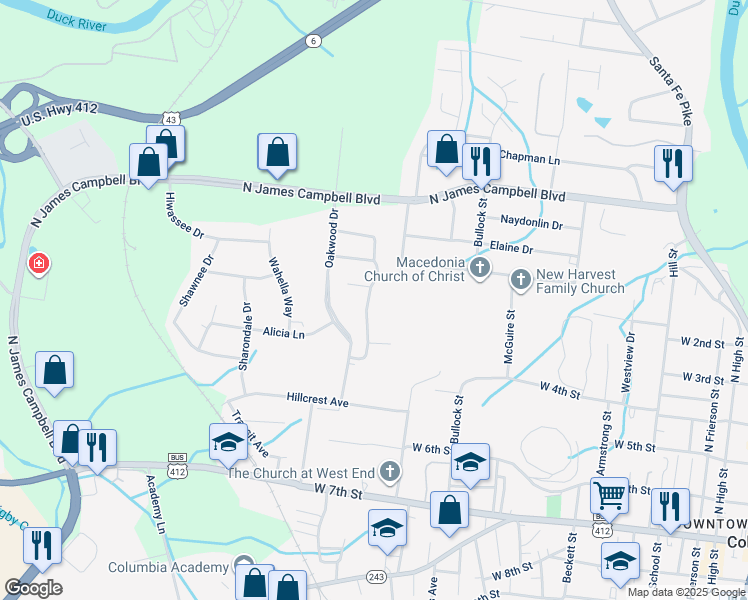 map of restaurants, bars, coffee shops, grocery stores, and more near 407 Winding Way in Columbia