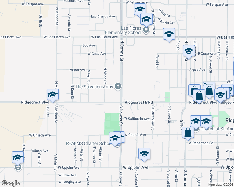 map of restaurants, bars, coffee shops, grocery stores, and more near 127 North Downs Street in Ridgecrest