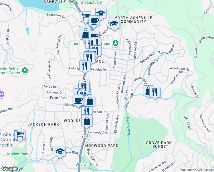 map of restaurants, bars, coffee shops, grocery stores, and more near 45 Woodvale Avenue in Asheville