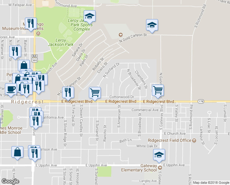 map of restaurants, bars, coffee shops, grocery stores, and more near 120 Rawhide Lane in Ridgecrest