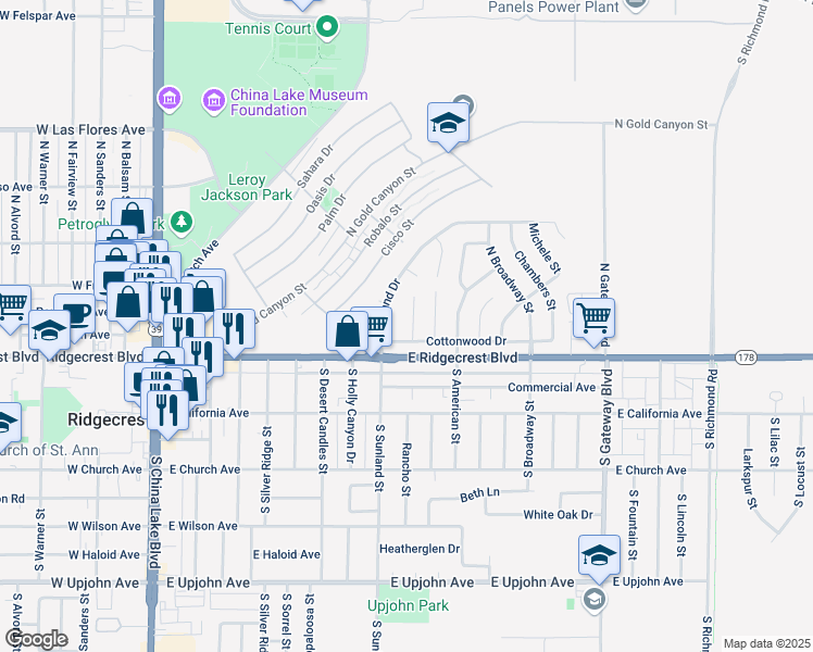 map of restaurants, bars, coffee shops, grocery stores, and more near 121 Purple Sage Lane in Ridgecrest