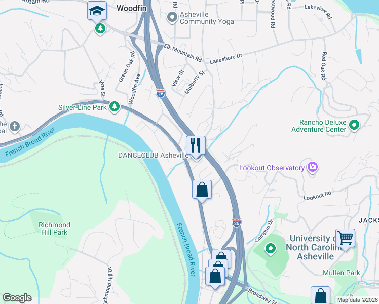 map of restaurants, bars, coffee shops, grocery stores, and more near 8 Trojan Street in Woodfin