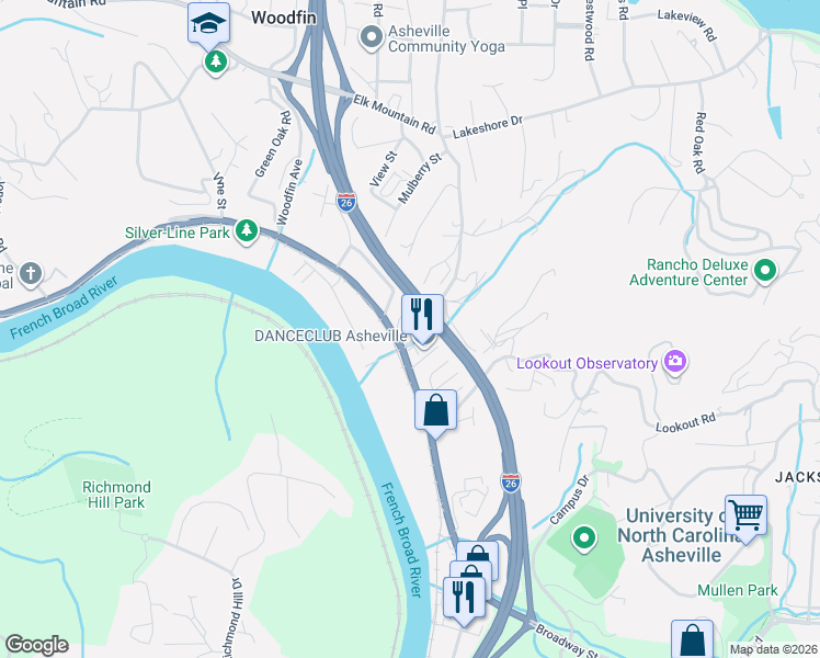 map of restaurants, bars, coffee shops, grocery stores, and more near 8 Trojan Street in Woodfin