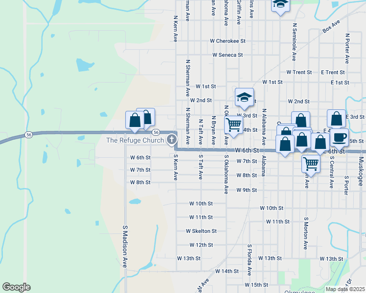 map of restaurants, bars, coffee shops, grocery stores, and more near 1105 West 6th Street in Okmulgee