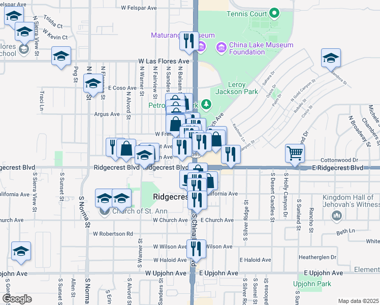 map of restaurants, bars, coffee shops, grocery stores, and more near 119 North China Lake Boulevard in Ridgecrest