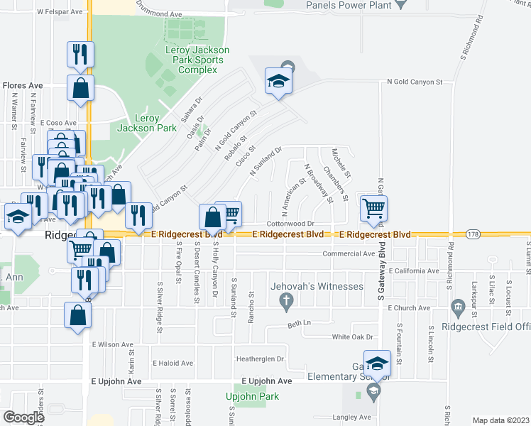 map of restaurants, bars, coffee shops, grocery stores, and more near 121 Rawhide Lane in Ridgecrest
