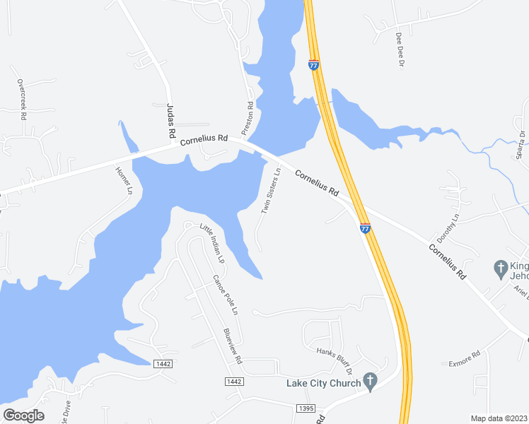 map of restaurants, bars, coffee shops, grocery stores, and more near Twin Sisters Lane in Mooresville