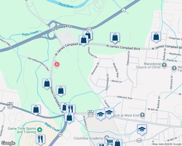 map of restaurants, bars, coffee shops, grocery stores, and more near 413 Shawnee Drive in Columbia