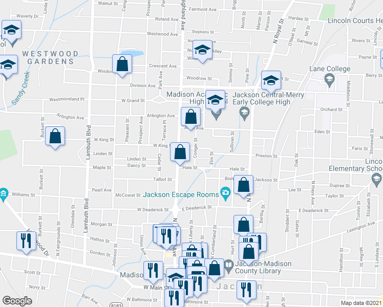 map of restaurants, bars, coffee shops, grocery stores, and more near 125 Conger Street in Jackson
