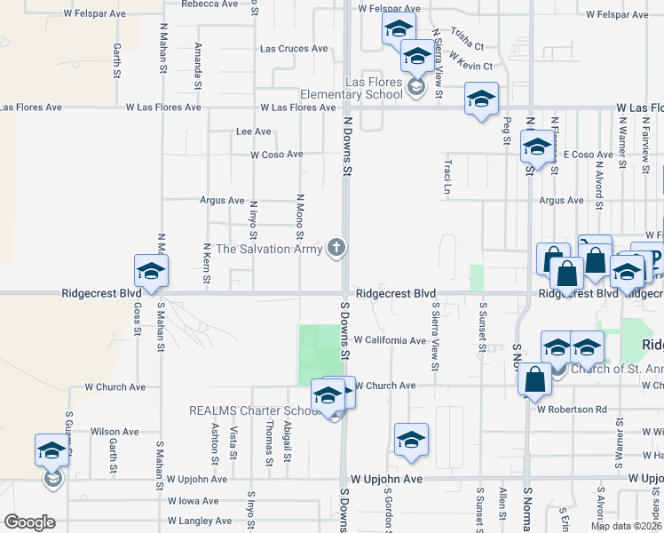 map of restaurants, bars, coffee shops, grocery stores, and more near 127 North Downs Street in Ridgecrest