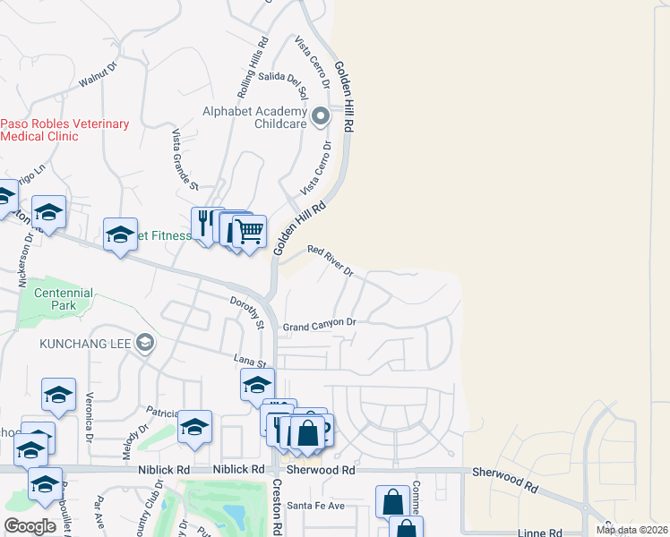 map of restaurants, bars, coffee shops, grocery stores, and more near 218 Red River Drive in Paso Robles