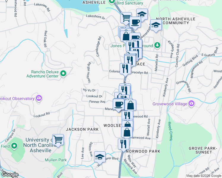 map of restaurants, bars, coffee shops, grocery stores, and more near 50 Larchmont Road in Asheville