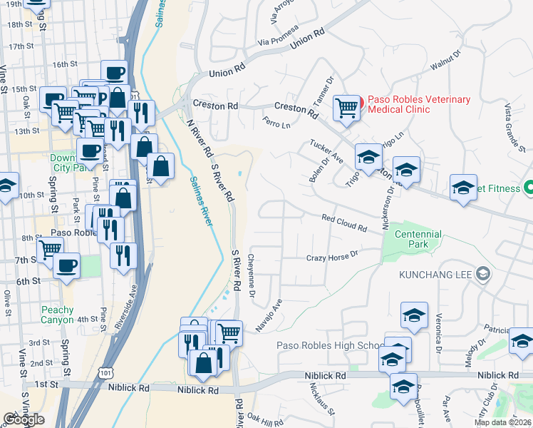 map of restaurants, bars, coffee shops, grocery stores, and more near 658 Red Cloud Road in Paso Robles