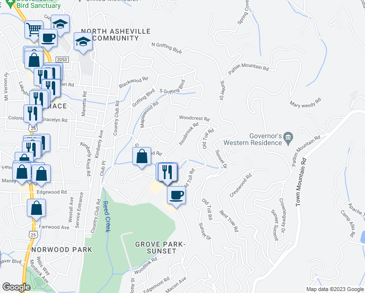 map of restaurants, bars, coffee shops, grocery stores, and more near 31 Innsbrook Road in Asheville