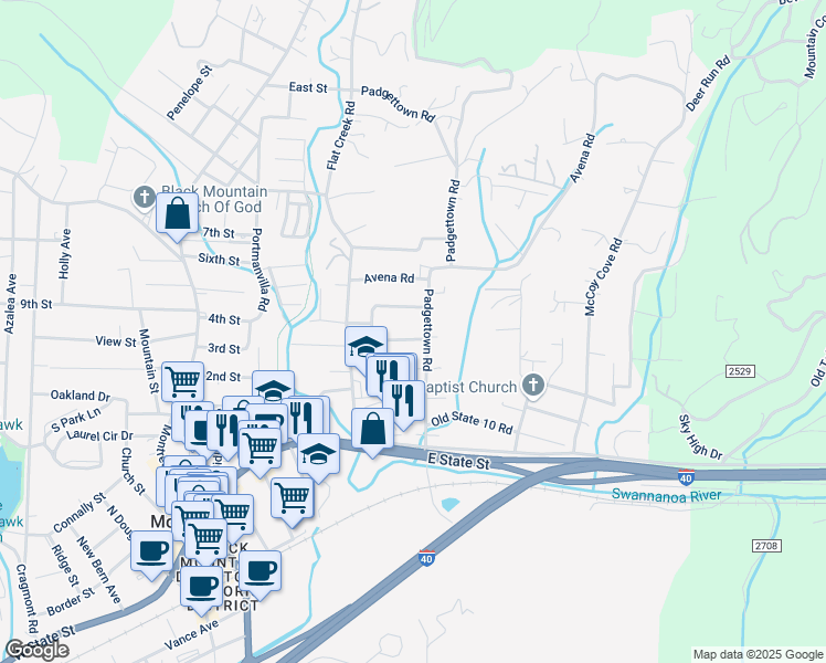 map of restaurants, bars, coffee shops, grocery stores, and more near 109 Pinetree Drive in Black Mountain