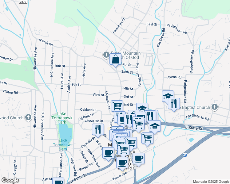 map of restaurants, bars, coffee shops, grocery stores, and more near 102 View Street in Black Mountain