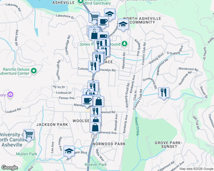 map of restaurants, bars, coffee shops, grocery stores, and more near 37 Melrose Avenue in Asheville