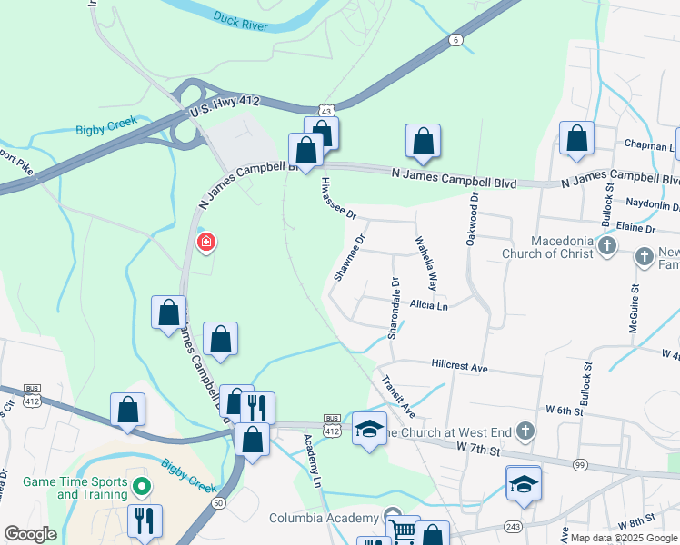 map of restaurants, bars, coffee shops, grocery stores, and more near 409 Shawnee Drive in Columbia