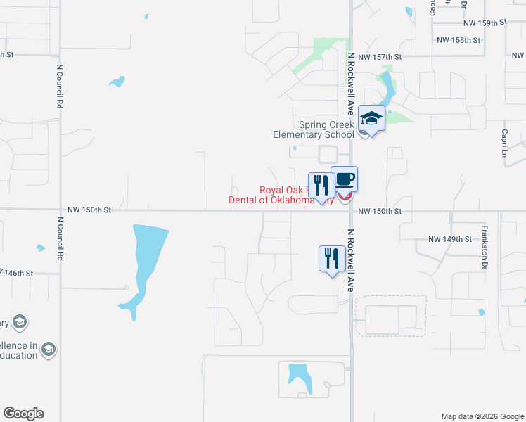 map of restaurants, bars, coffee shops, grocery stores, and more near 7358 Northwest 150th Street in Oklahoma City