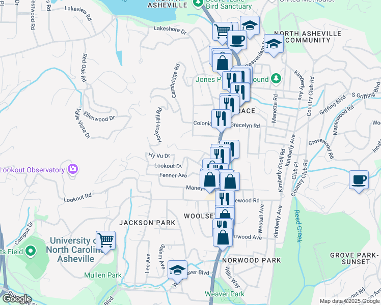 map of restaurants, bars, coffee shops, grocery stores, and more near 50 Larchmont Road in Asheville