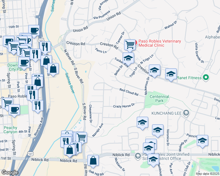 map of restaurants, bars, coffee shops, grocery stores, and more near 594 Red Cloud Road in Paso Robles