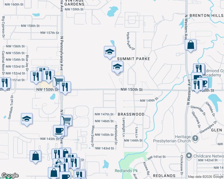 map of restaurants, bars, coffee shops, grocery stores, and more near 1701 Northwest 150th Street in Edmond
