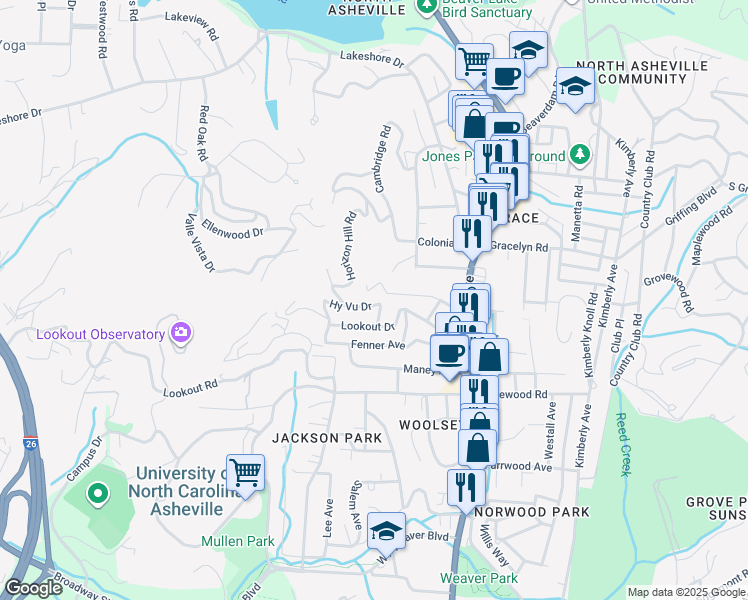 map of restaurants, bars, coffee shops, grocery stores, and more near 11 Hy Vu Drive in Asheville