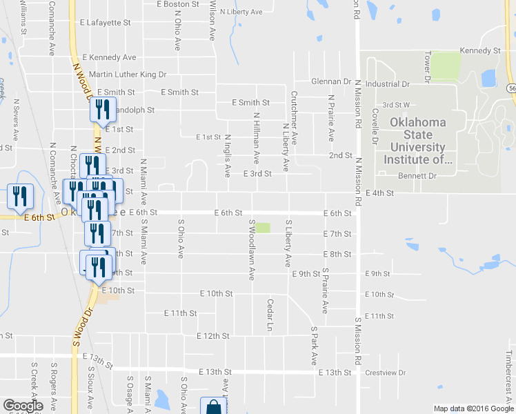 map of restaurants, bars, coffee shops, grocery stores, and more near 1501 East 6th Street in Okmulgee