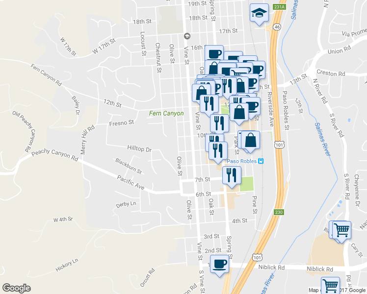 map of restaurants, bars, coffee shops, grocery stores, and more near 421 9th Street in Paso Robles
