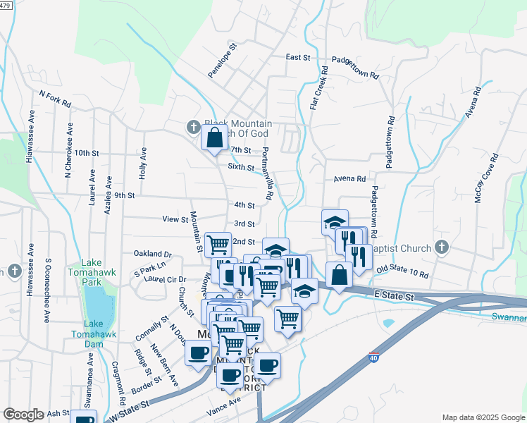 map of restaurants, bars, coffee shops, grocery stores, and more near 120 3rd Street in Black Mountain