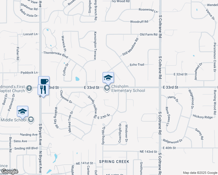 map of restaurants, bars, coffee shops, grocery stores, and more near 2300 East 33rd Street in Edmond