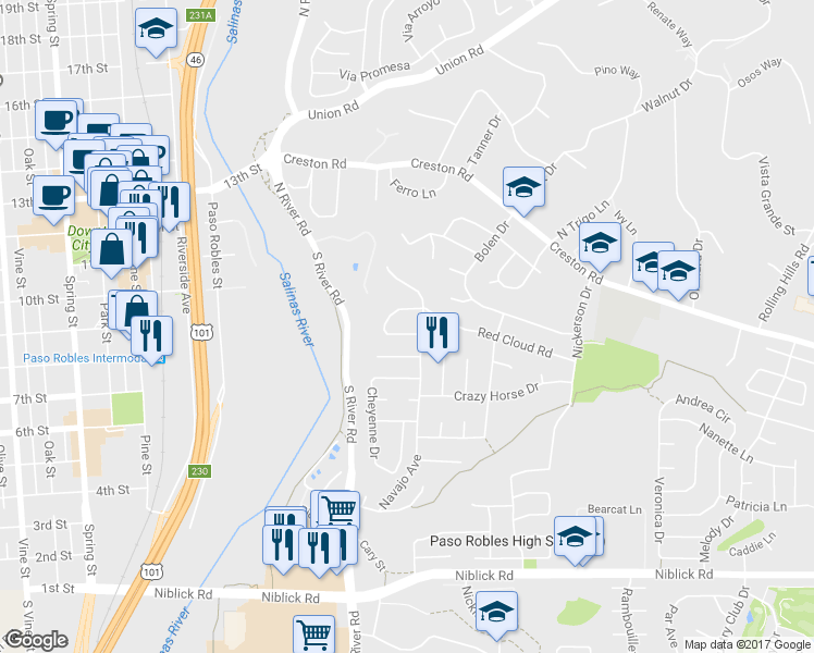 map of restaurants, bars, coffee shops, grocery stores, and more near 654 Red Cloud Road in Paso Robles