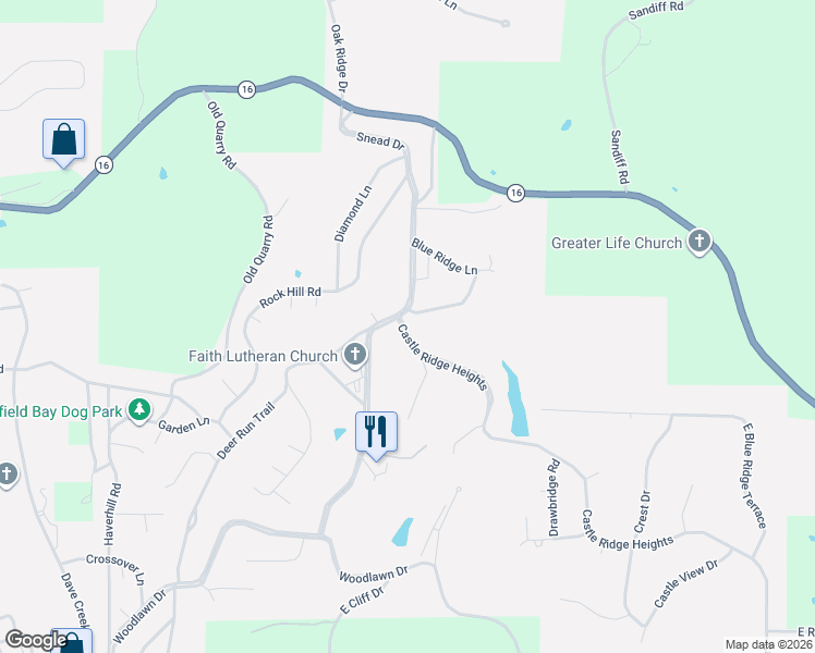 map of restaurants, bars, coffee shops, grocery stores, and more near 102 Whistling Pines Lane in Fairfield Bay