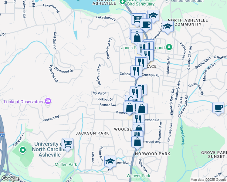 map of restaurants, bars, coffee shops, grocery stores, and more near 70 Larchmont Road in Asheville