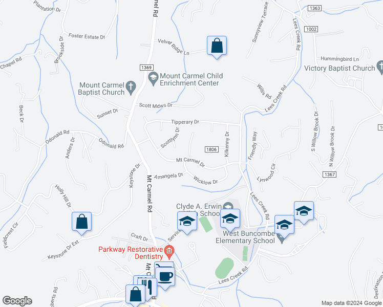map of restaurants, bars, coffee shops, grocery stores, and more near 3 Westmont Drive in Asheville