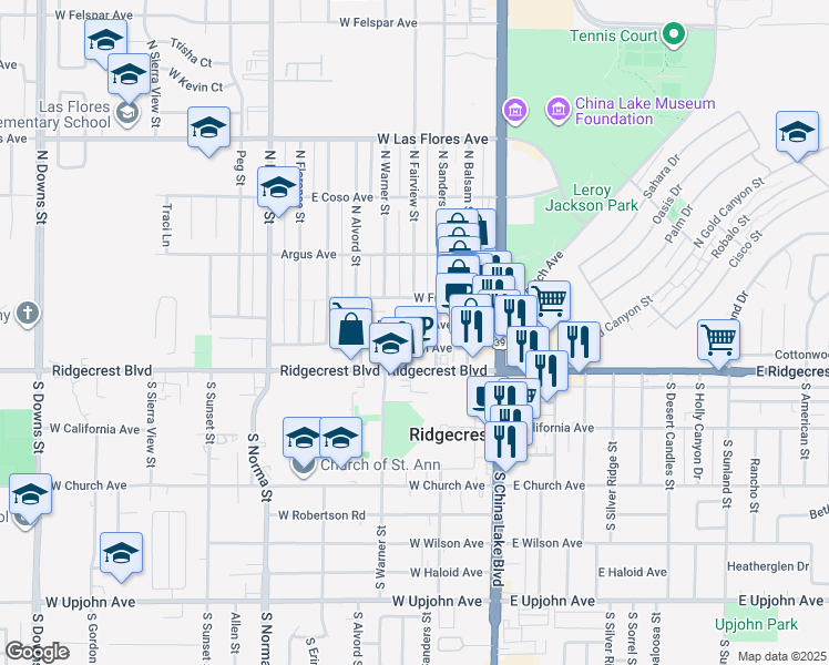 map of restaurants, bars, coffee shops, grocery stores, and more near 219 Panamint Avenue in Ridgecrest