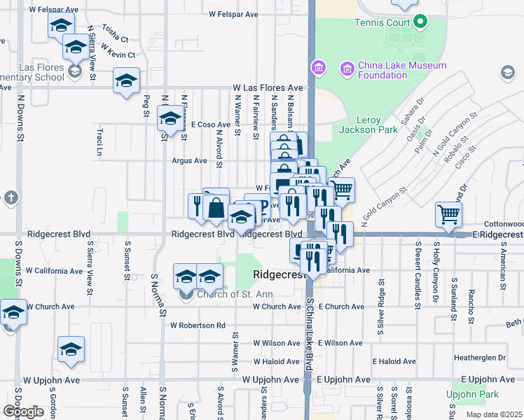 map of restaurants, bars, coffee shops, grocery stores, and more near 214 West Station Avenue in Ridgecrest
