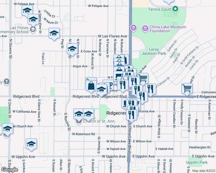 map of restaurants, bars, coffee shops, grocery stores, and more near 214 West Station Avenue in Ridgecrest