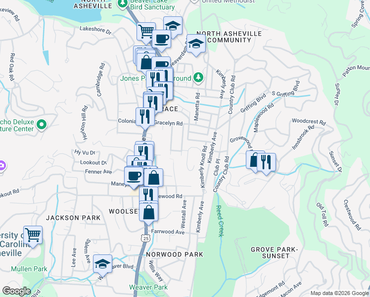 map of restaurants, bars, coffee shops, grocery stores, and more near 45 Woodvale Avenue in Asheville