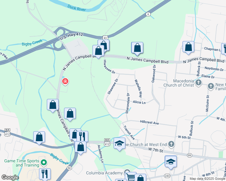 map of restaurants, bars, coffee shops, grocery stores, and more near 409 Shawnee Drive in Columbia