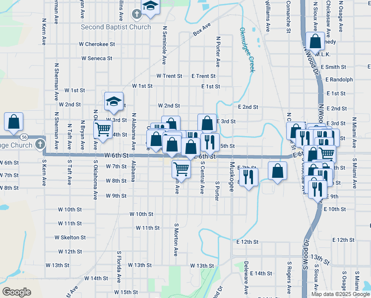 map of restaurants, bars, coffee shops, grocery stores, and more near 101 East 6th Street in Okmulgee