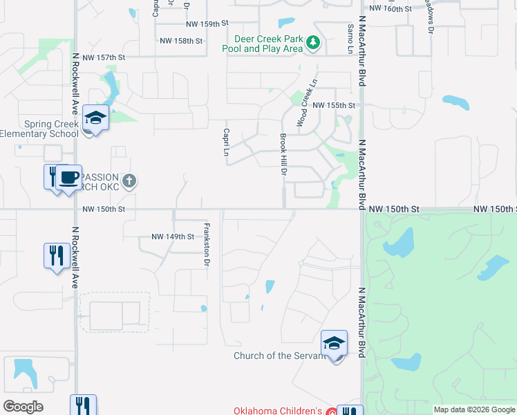 map of restaurants, bars, coffee shops, grocery stores, and more near 5938-6372 Northwest 150th Street in Edmond