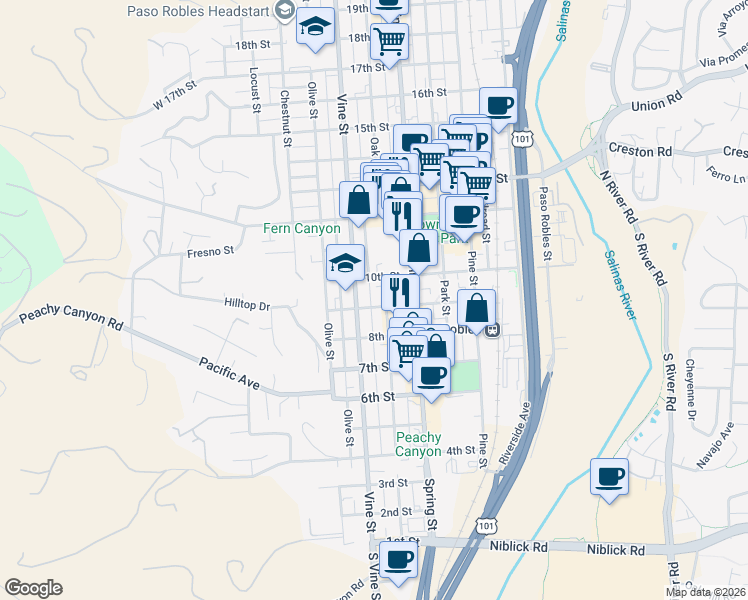 map of restaurants, bars, coffee shops, grocery stores, and more near 517 9th Street in Paso Robles