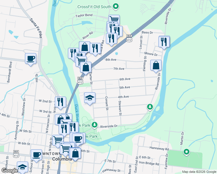 map of restaurants, bars, coffee shops, grocery stores, and more near 200 5th Avenue in Columbia