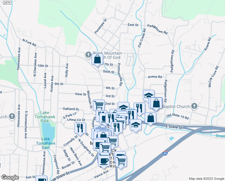 map of restaurants, bars, coffee shops, grocery stores, and more near 108 4th Street in Black Mountain