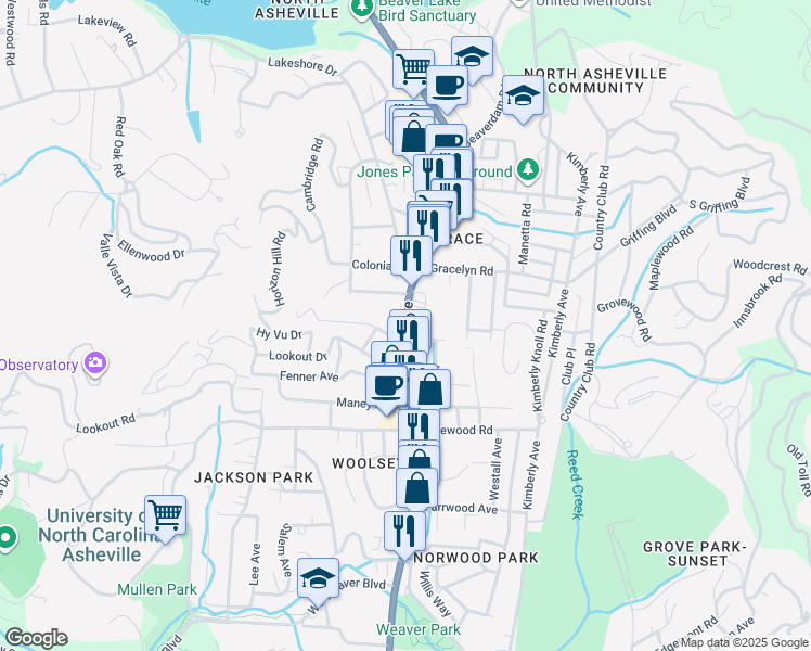 map of restaurants, bars, coffee shops, grocery stores, and more near in Asheville
